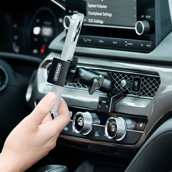 Image of Offroam Phone Mount installed securely in Acura Integra 2023-2026. This premium phone mount installs easily without drilling or glue. Spring loaded Universal holder for use with any phone. Perfect placement without blocking screens, driver view, or air flow. Fully adjustable positioning.