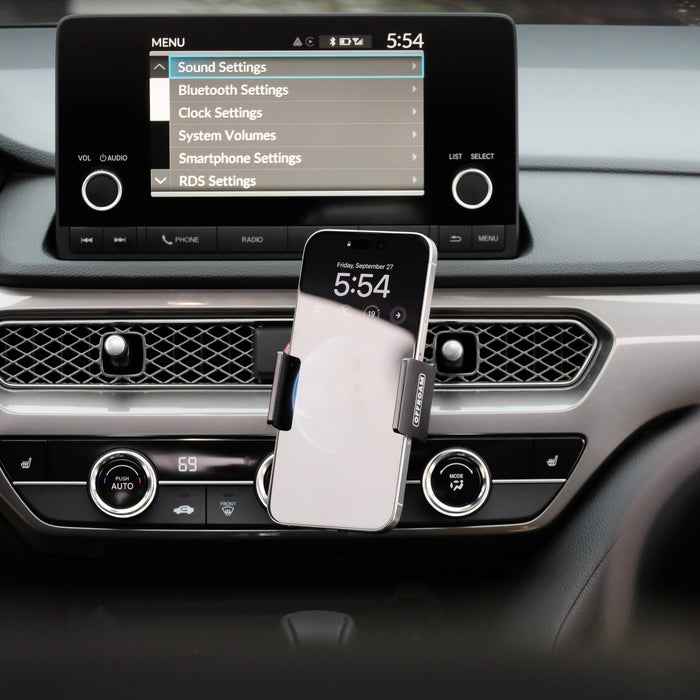 Image of Offroam Phone Mount installed securely in Acura Integra 2023-2026. This premium phone mount installs easily without drilling or glue. Spring loaded Universal holder for use with any phone. Perfect placement without blocking screens, driver view, or air flow. Fully adjustable positioning.