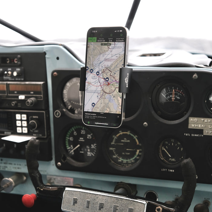 Image of Offroam Phone Mount for all General Aviation (GA) aircraft with inoperable instrument availability. This premium phone mount installs easily without drilling or glue. Spring loaded Universal holder for use with any phone. Perfect placement without blocking glass, analog gauges, or cockpit view. Fully adjustable positioning.