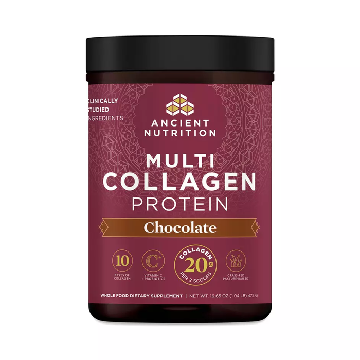 Ancient Nutrition Multi Collagen Protein chocolate flavor container on a white background