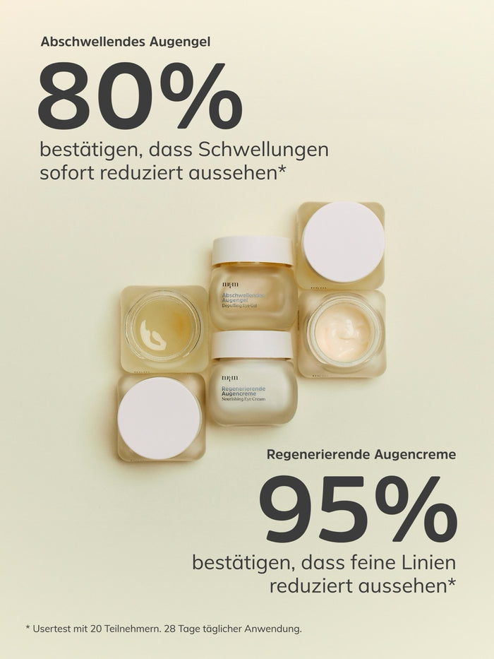 Werbung zur Augengel Studie von nkm mit Augencreme Tiegeln im Hintergrund