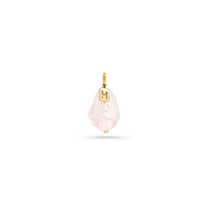 White baroque pearl with 14k gold bail and custom 14k gold personalized charm with initial.