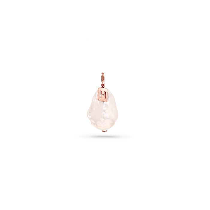 White baroque pearl with 14k rose gold bail and custom 14k rose gold personalized charm with initial.
