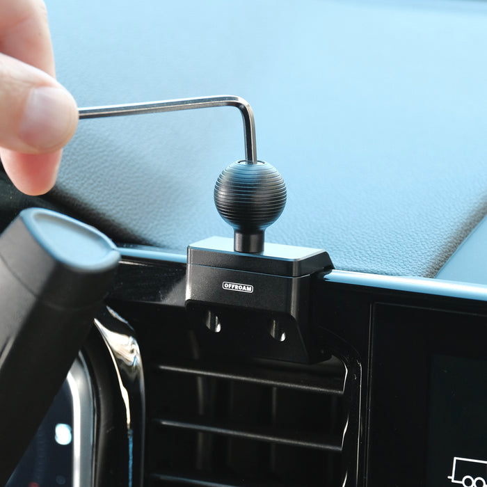 Image of Offroam Mounting Base installed securely in Chevrolet Silverado 2022-2026 | Silverado HD 2024-2026 and GMC Sierra 1500 2022-2026 | Sierra HD 2024-2026 with 13.4-in. display. This premium all metal phone mounting base installs easily without drilling or glue. Perfect placement without blocking screens, driver view, or air flow.