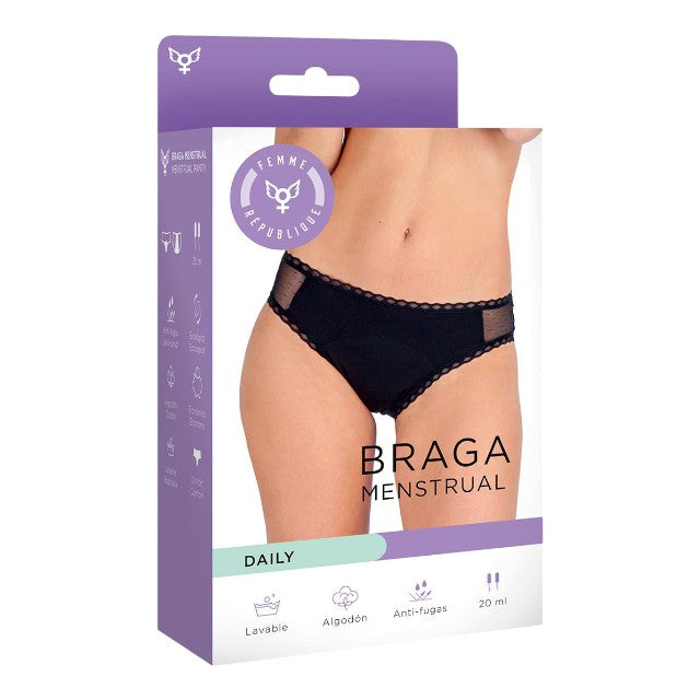 Chilot menstrual FEMME RÉPUBLIQUE Braga Menstrual Daily, cu segmente din plasă pe șolduri, mărime XL, negru