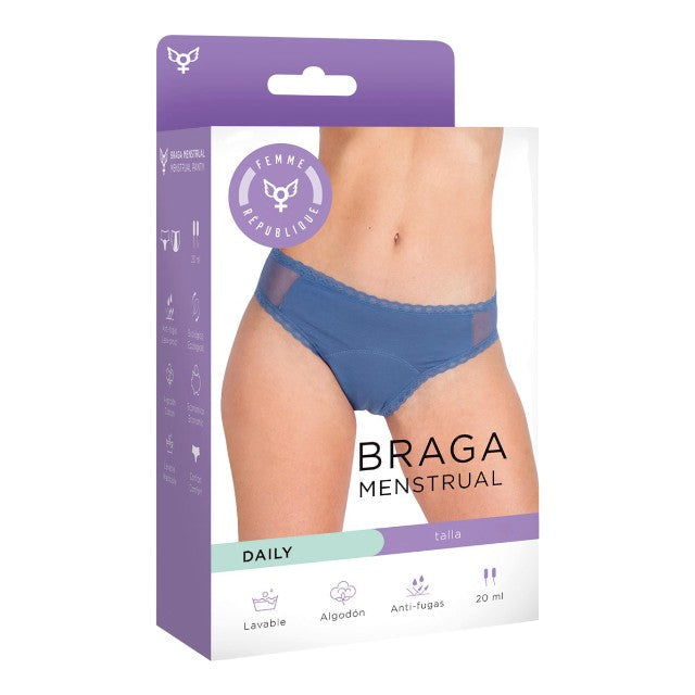 Chilot menstrual FEMME RÉPUBLIQUE Braga Menstrual Daily, cu segmente din plasă pe șolduri, mărime M, albastru