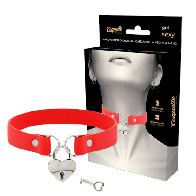 Choker COQUETTE Hand Crafted Choker, din piele vegană, accesoriu cu inimă, culoare roșu cu argintiu, 40 cm
