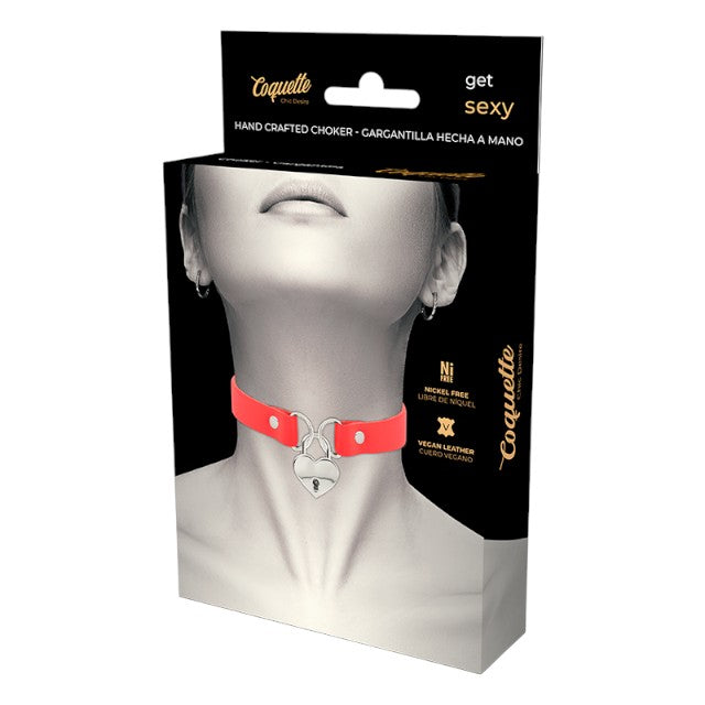 Choker COQUETTE Hand Crafted Choker, din piele vegană, accesoriu cu inimă, culoare roșu cu argintiu, 40 cm