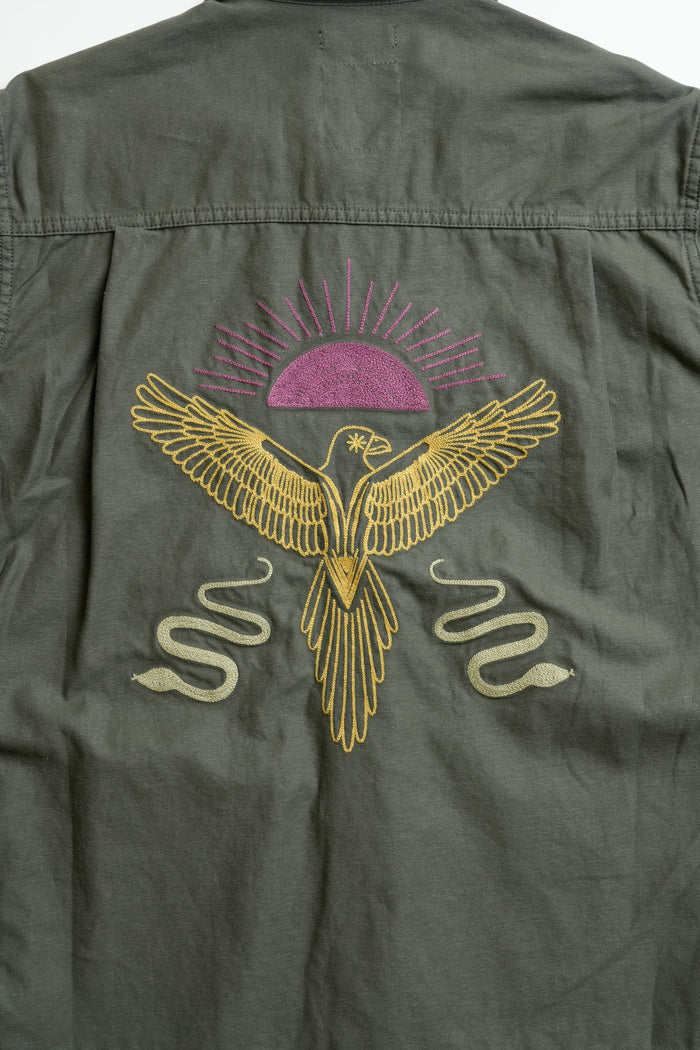 COTTON BACK SATIN OG SHIRT WITH EMBROIDERY - GREEN