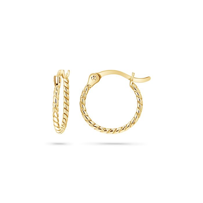 Twisted and dainty solid gold hoop earrings in yellow gold
