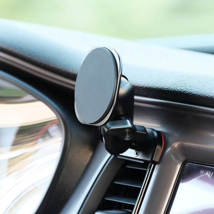 Image of Offroam MagSafe-compatible Phone Mount installed securely in Dodge Challenger 2015-2023. This premium phone mount installs easily without drilling or glue. High force magnets hold phone on any trail, road, or track. Perfect placement without blocking screens, driver view, or air flow. Fully adjustable positioning.