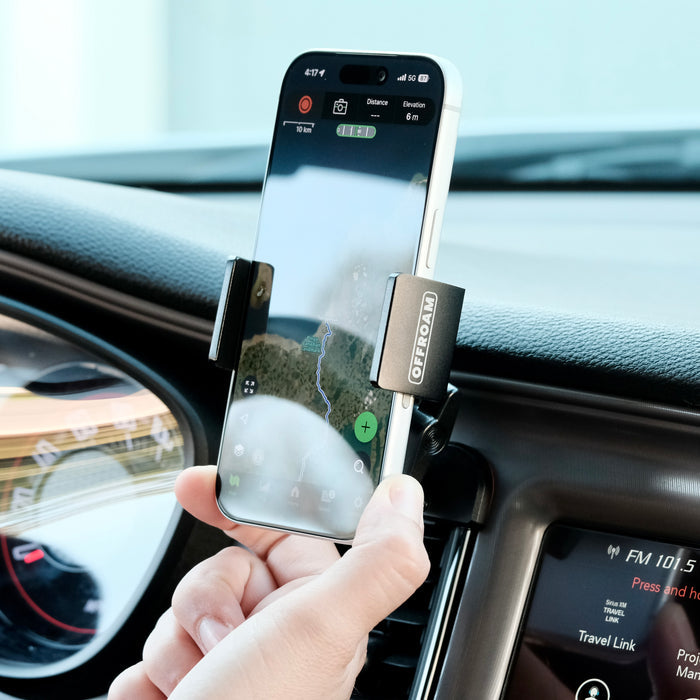 Image of Offroam Phone Mount installed securely in Dodge Challenger 2015-2023. This premium phone mount installs easily without drilling or glue. Spring loaded Universal holder for use with any phone. Perfect placement without blocking screens, driver view, or air flow. Fully adjustable positioning.