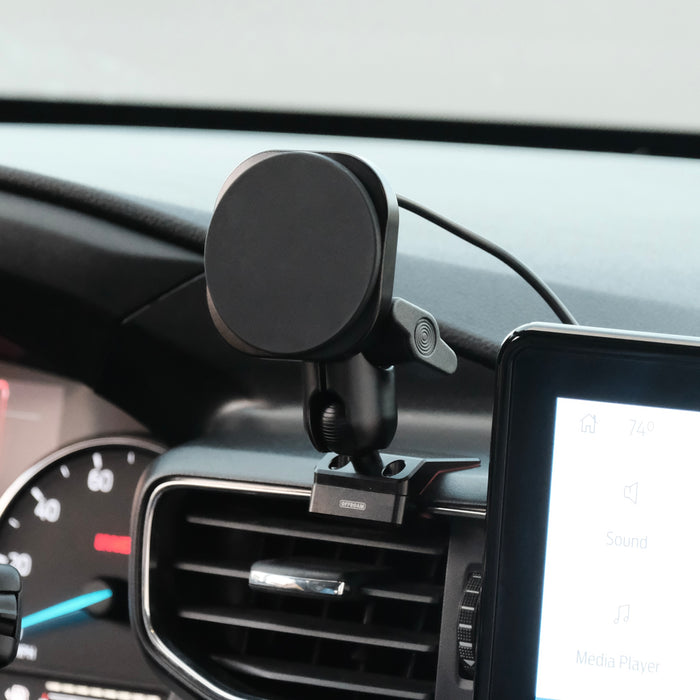 Image of Offroam MagSafe-compatible Phone Mount installed securely in Ford Explorer 2020-2024. This premium phone mount installs easily without drilling or glue. High force magnets hold phone on any trail, road, or track. Perfect placement without blocking screens, driver view, or air flow. Fully adjustable positioning.
