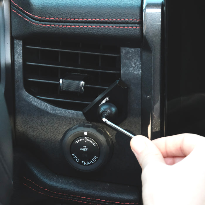 Image of Offroam Mounting Base installed securely in Ford F-150 Lightning 2022-2025 (Lariat & Platinum) | Expedition 2022-2024. This premium all metal phone mounting base installs easily without drilling or glue. Perfect placement without blocking screens, driver view, or air flow.