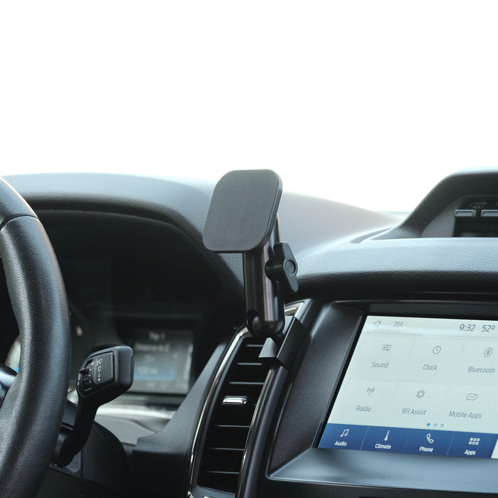 Image of Offroam MagSafe-compatible Phone Mount installed securely in Ford Ranger 2019-2023. This premium phone mount installs easily without drilling or glue. High force magnets hold phone on any trail, road, or track. Perfect placement without blocking screens, driver view, or air flow. Fully adjustable positioning.