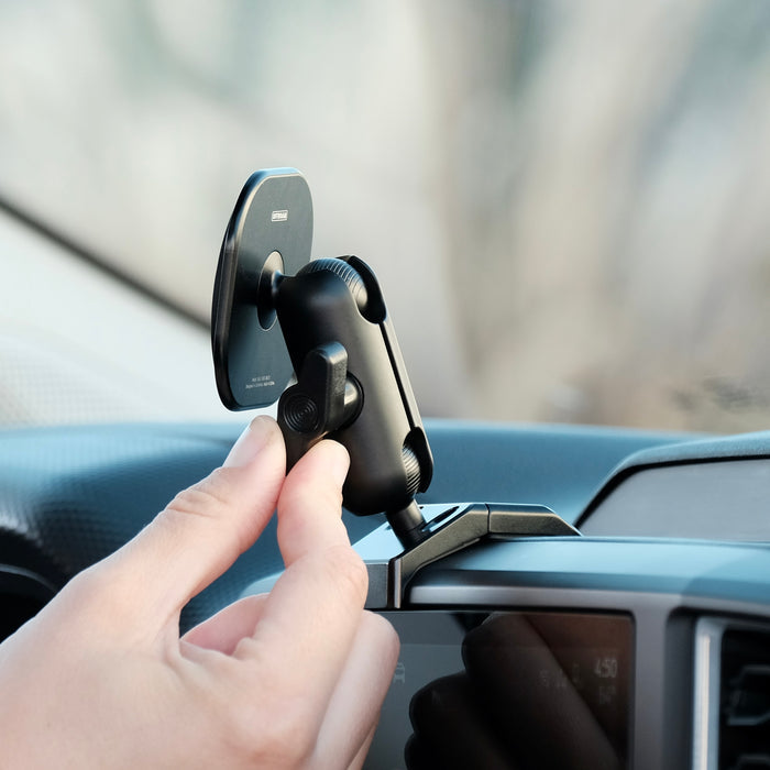 Image of Offroam MagSafe-compatible Phone Mount installed securely in Ford Ranger 2024-2026. This premium phone mount installs easily without drilling or glue. High force magnets hold phone on any trail, road, or track. Perfect placement without blocking screens, driver view, or air flow. Fully adjustable positioning.