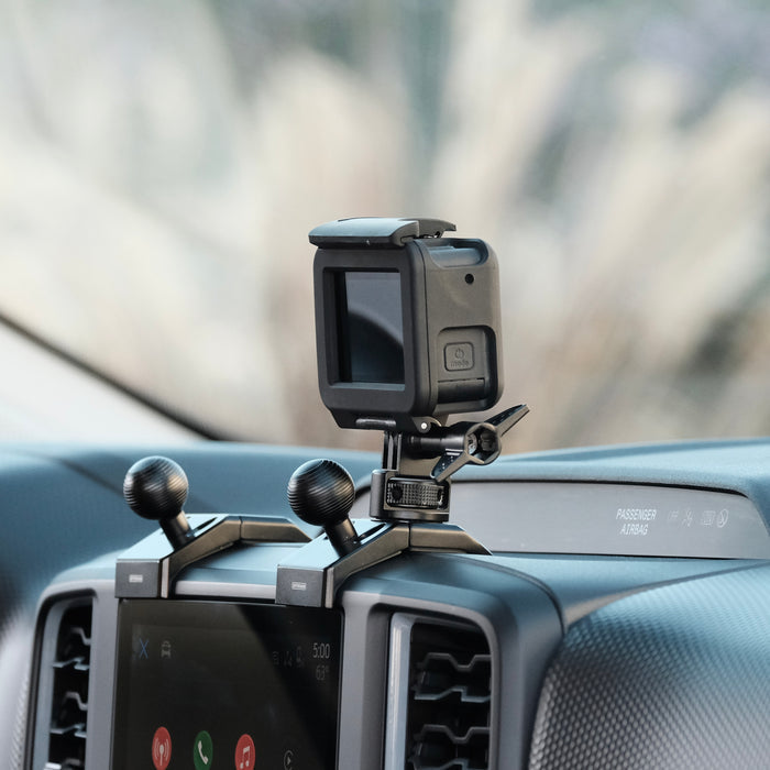 Image of Offroam Mounting Bases installed securely in Ford Ranger 2024-2026. This premium all metal phone mounting base installs easily without drilling or glue. Perfect placement without blocking screens, driver view, or air flow.