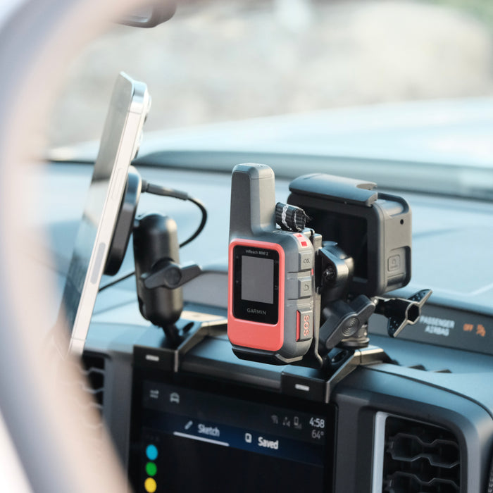 Image of Offroam MagSafe-compatible Phone Mount and Mounting Bases installed securely in Ford Ranger 2024-2026. This premium phone mount installs easily without drilling or glue. High force magnets hold phone on any trail, road, or track. Perfect placement without blocking screens, driver view, or air flow. Fully adjustable positioning.