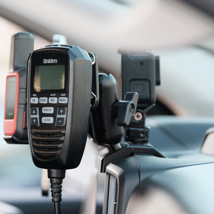 Image of Offroam Mounting Bases and accessories installed securely in Ford Ranger 2024-2026. This premium all metal phone mounting base installs easily without drilling or glue. Perfect placement without blocking screens, driver view, or air flow.