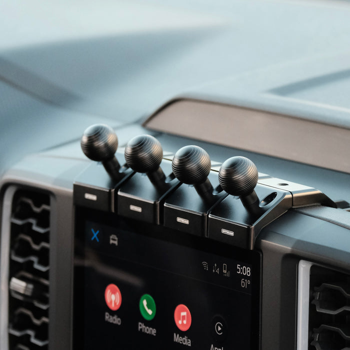 Image of 4 Offroam Mounting Bases installed securely in Ford Ranger 2024-2026. This premium all metal phone mounting base installs easily without drilling or glue. Perfect placement without blocking screens, driver view, or air flow.