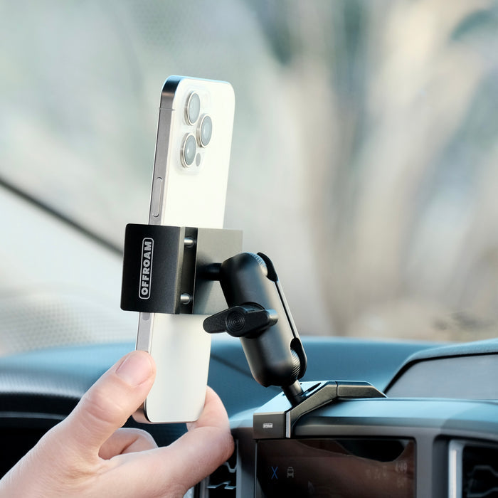 Image of Offroam Phone Mount installed securely in Ford Ranger 2024-2026. This premium phone mount installs easily without drilling or glue. Spring loaded Universal holder for use with any phone. Perfect placement without blocking screens, driver view, or air flow. Fully adjustable positioning.