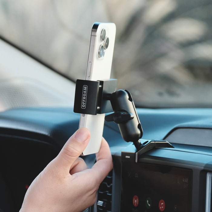Image of Offroam Phone Mount installed securely in Ford Ranger 2024-2026. This premium phone mount installs easily without drilling or glue. Spring loaded Universal holder for use with any phone. Perfect placement without blocking screens, driver view, or air flow. Fully adjustable positioning.