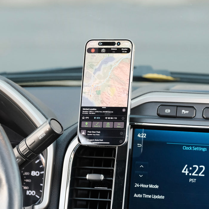 Image of Offroam MagSafe-compatible Phone Mount installed securely in Ford Super Duty 2022 (12in. SYNC4 Touchscreen). This premium phone mount installs easily without drilling or glue. High force magnets hold phone on any trail, road, or track. Perfect placement without blocking screens, driver view, or air flow. Fully adjustable positioning.