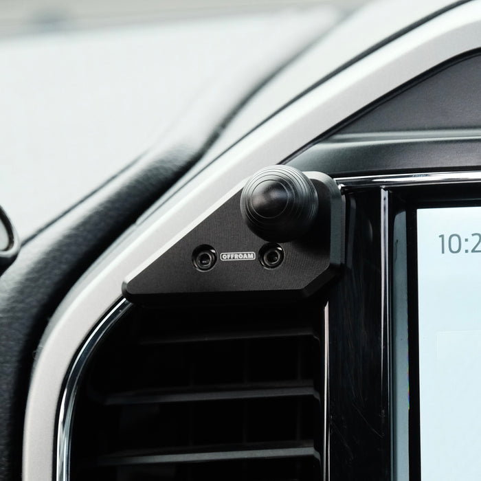 Image of Offroam Mounting Base installed securely in Ford Super Duty 2022 (12in. SYNC4 Touchscreen). This premium all metal phone mounting base installs easily without drilling or glue. Perfect placement without blocking screens, driver view, or air flow.