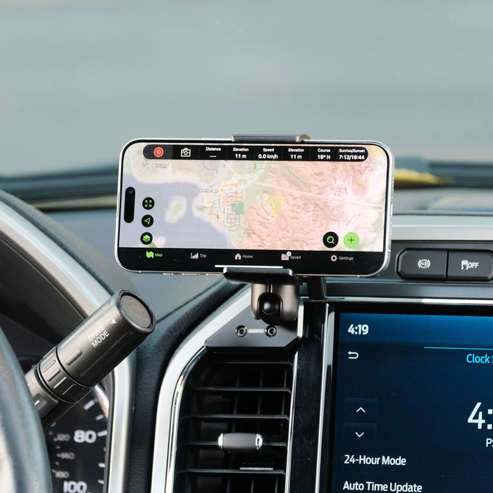 Image of Offroam Phone Mount installed securely in Ford Super Duty 2022 (12in. SYNC4 Touchscreen). This premium phone mount installs easily without drilling or glue. Spring loaded Universal holder for use with any phone. Perfect placement without blocking screens, driver view, or air flow. Fully adjustable positioning.