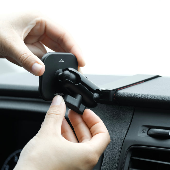Image of Offroam MagSafe-compatible Phone Mount installed securely in Ford Transit 2020-2026. This premium phone mount installs easily without drilling or glue. High force magnets hold phone on any trail, road, or track. Perfect placement without blocking screens, driver view, or air flow. Fully adjustable positioning.