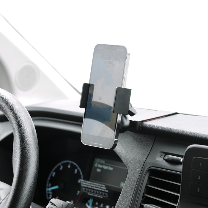 Image of Offroam Phone Mount installed securely in Ford Transit 2020-2026. This premium phone mount installs easily without drilling or glue. Spring loaded Universal holder for use with any phone. Perfect placement without blocking screens, driver view, or air flow. Fully adjustable positioning.
