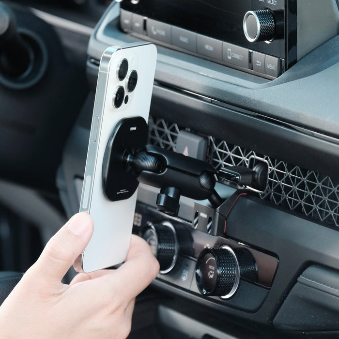 Image of Offroam MagSafe-compatible Phone Mount installed securely in Honda Accord 2023-2026. This premium phone mount installs easily without drilling or glue. High force magnets hold phone on any trail, road, or track. Perfect placement without blocking screens, driver view, or air flow. Fully adjustable positioning.