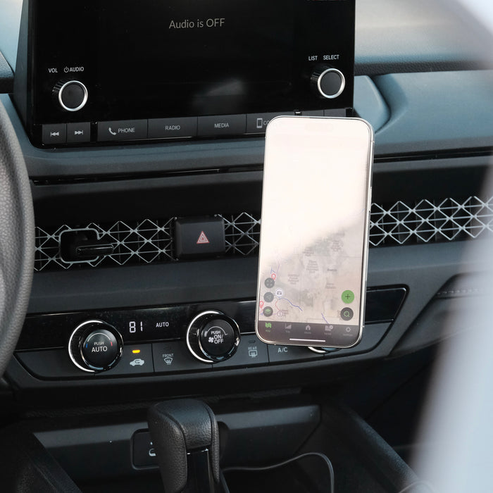 Image of Offroam MagSafe-compatible Phone Mount installed securely in Honda Accord 2023-2026. This premium phone mount installs easily without drilling or glue. High force magnets hold phone on any trail, road, or track. Perfect placement without blocking screens, driver view, or air flow. Fully adjustable positioning.