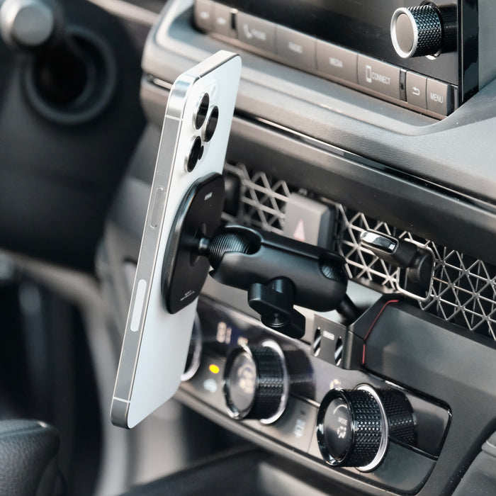 Image of Offroam MagSafe-compatible Phone Mount installed securely in Honda Accord 2023-2026. This premium phone mount installs easily without drilling or glue. High force magnets hold phone on any trail, road, or track. Perfect placement without blocking screens, driver view, or air flow. Fully adjustable positioning.