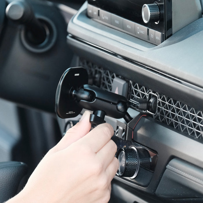 Image of Offroam MagSafe-compatible Phone Mount installed securely in Honda Accord 2023-2026. This premium phone mount installs easily without drilling or glue. High force magnets hold phone on any trail, road, or track. Perfect placement without blocking screens, driver view, or air flow. Fully adjustable positioning.