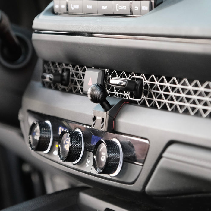 Image of Offroam Mounting Base installed securely in Honda Accord 2023-2026. This premium all metal phone mounting base installs easily without drilling or glue. Perfect placement without blocking screens, driver view, or air flow.