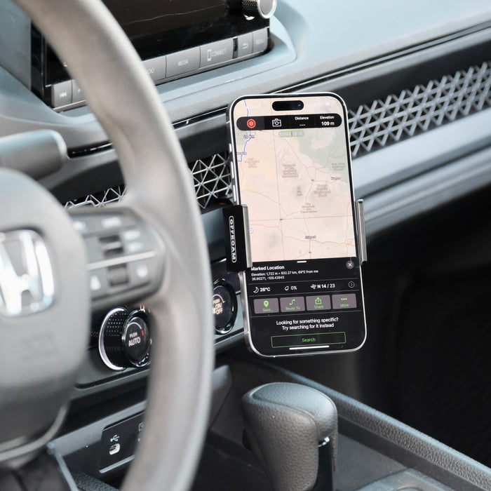 Image of Offroam Phone Mount installed securely in Honda Accord 2023-2026. This premium phone mount installs easily without drilling or glue. Spring loaded Universal holder for use with any phone. Perfect placement without blocking screens, driver view, or air flow. Fully adjustable positioning.