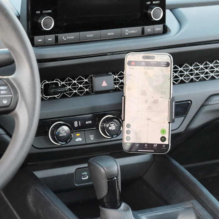 Image of Offroam Phone Mount installed securely in Honda Accord 2023-2026. This premium phone mount installs easily without drilling or glue. Spring loaded Universal holder for use with any phone. Perfect placement without blocking screens, driver view, or air flow. Fully adjustable positioning.