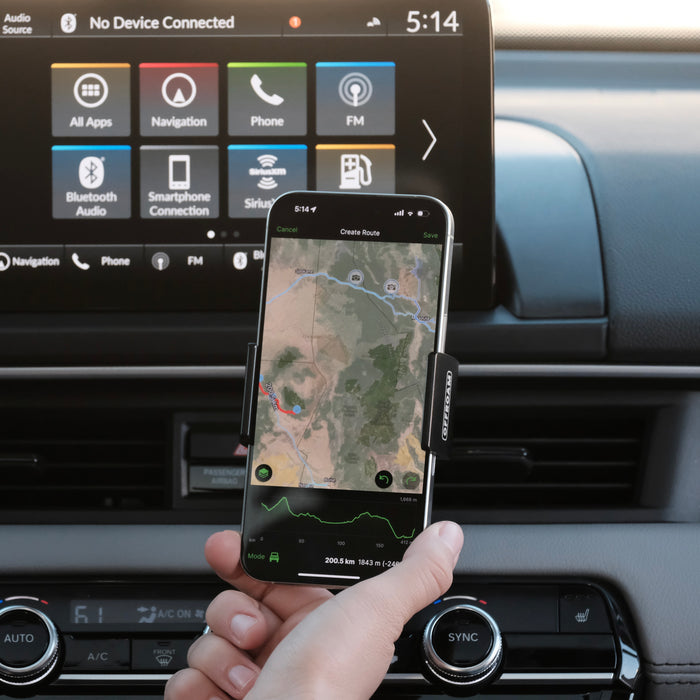 Image of Offroam Phone Mount installed securely in Honda Pilot 2023-2026 | Passport 2026. This premium phone mount installs easily without drilling or glue. Spring loaded Universal holder for use with any phone. Perfect placement without blocking screens, driver view, or air flow. Fully adjustable positioning.