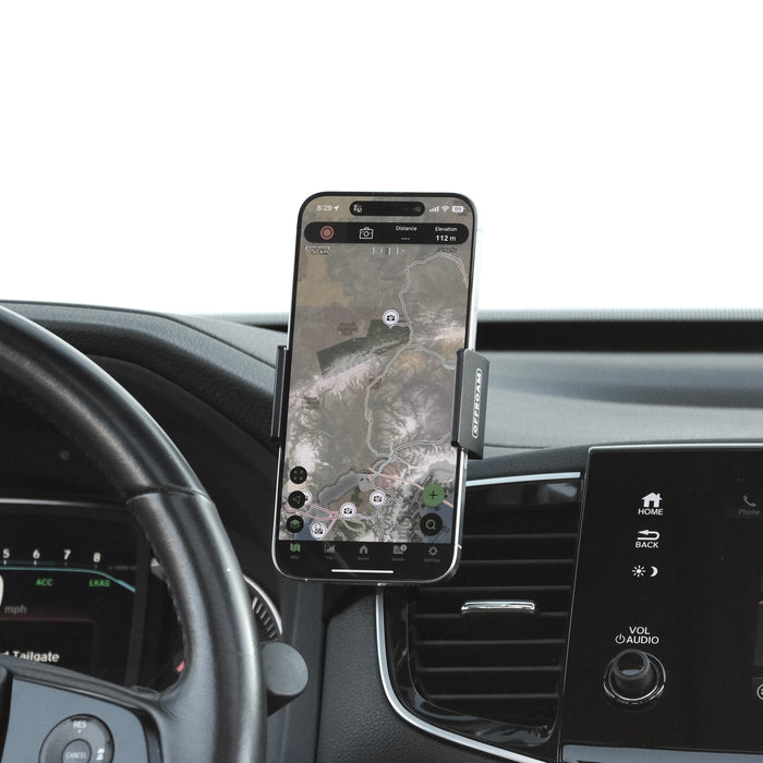 Image of Offroam Phone Mount installed securely in Honda Ridgeline 2016-2026 | Passport 2019-2025 | Pilot 2016-2022. This premium phone mount installs easily without drilling or glue. Spring loaded Universal holder for use with any phone. Perfect placement without blocking screens, driver view, or air flow. Fully adjustable positioning.