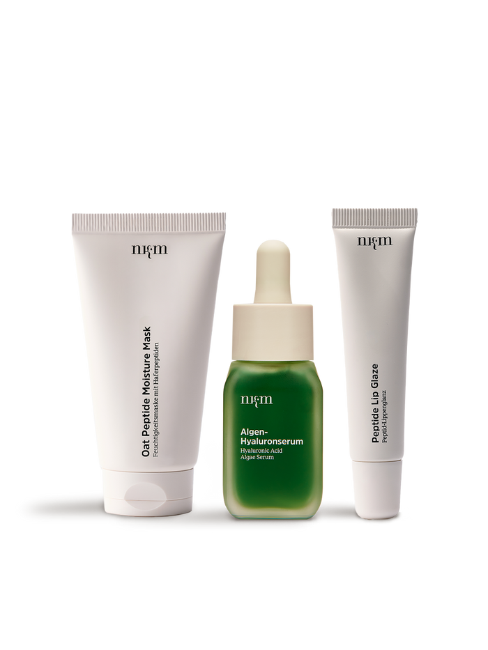 Hyaluronic Acid Algae Serum und Oat Peptide Moisture Mask und Peptide Lip Glaze im Hydrate Glow Trio