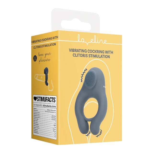 Inel vibrator pentru penis LOVELINE Vibrating Cockring with Clitoris Stimulation, 10 funcții de vibrație, albastru