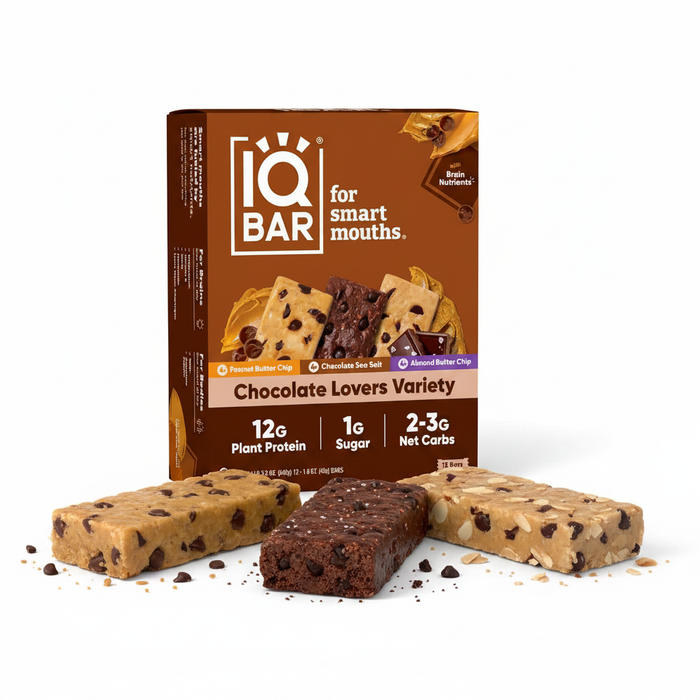 IQBAR Chocolate Lovers Variety Pack 12 bars box front view with protein bars