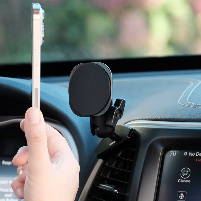 Offroam phone mount installed securely in Jeep Cherokee 2014 to 2018 model years with MagSafe magnetic holder and shown on the vehicle dashboard not blocking the air vent in the perfect position