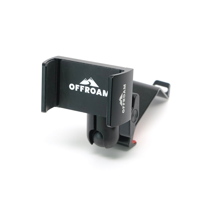 Image of Offroam Phone Mount for Jeep Wrangler 2018-2023 | Gladiator 2019-2023. This premium phone mount installs easily without drilling or glue. Spring loaded Universal holder for use with any phone. Perfect placement without blocking screens, driver view, or air flow. Fully adjustable positioning.