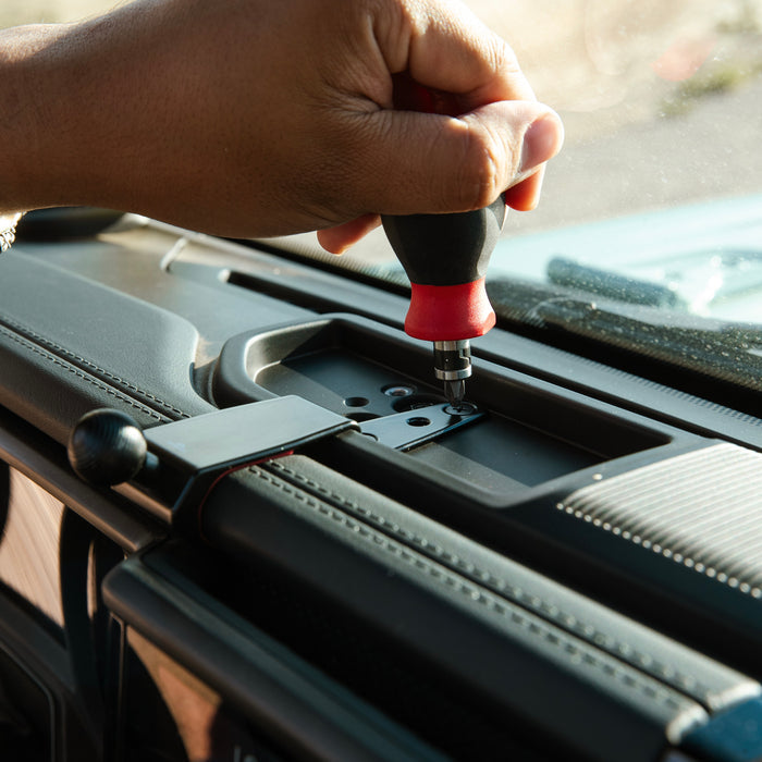 Image of Offroam Phone Mount installation in Jeep Wrangler | Gladiator 2024-2026. This premium phone mount installs easily without drilling or glue. Spring loaded Universal holder for use with any phone. Perfect placement without blocking screens, driver view, or air flow. Fully adjustable positioning.