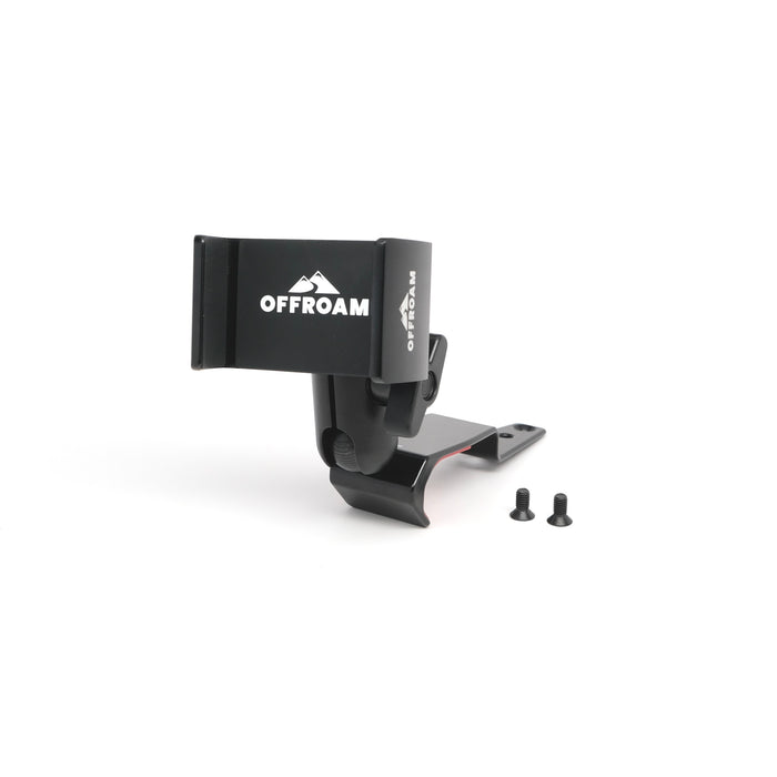 Image of Offroam Phone Mount for Jeep Wrangler | Gladiator 2024-2026. This premium phone mount installs easily without drilling or glue. Spring loaded Universal holder for use with any phone. Perfect placement without blocking screens, driver view, or air flow. Fully adjustable positioning.