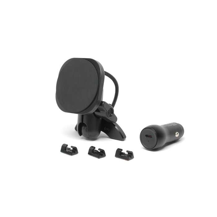 Offroam phone mount for Jeep Wrangler jK 2011-2018 vent dashboard. Qi2 fast charging with cable, USB-C power supply and cable management clips shown.