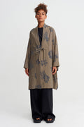Kahve/Gri Desenli Kuşaklı Kimono Ceket-Y265015036
