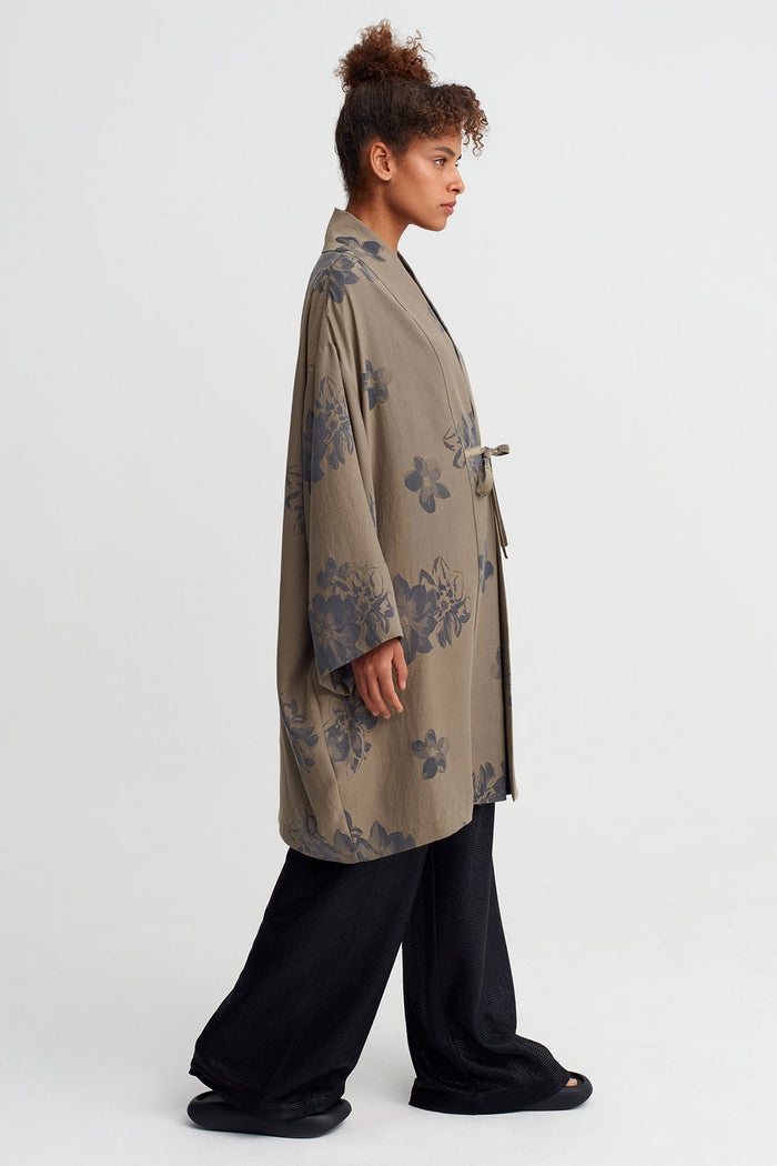 Kahve/Gri Desenli Kuşaklı Kimono Ceket-Y265015036